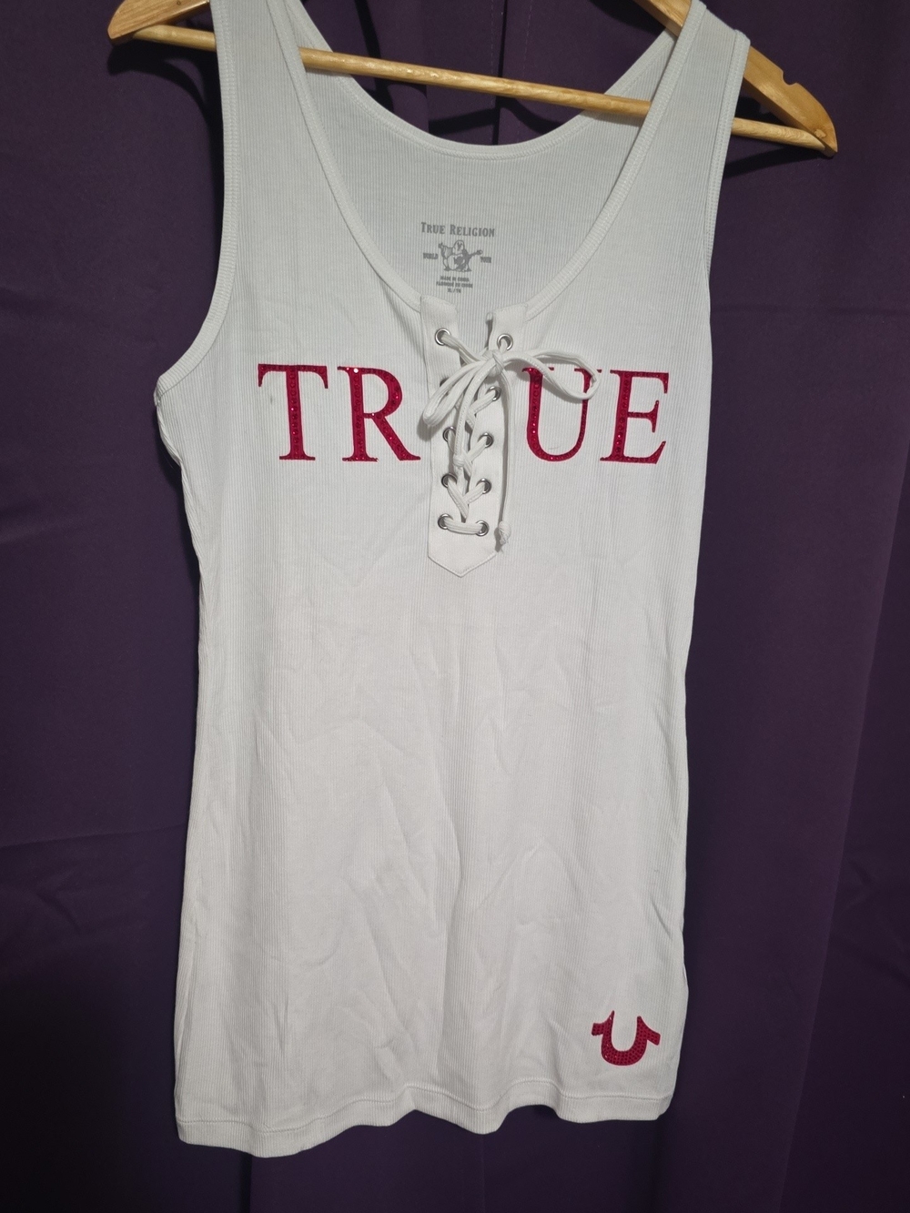 True Religion White Lace-Up Tank with Ruby Bling Red Logo